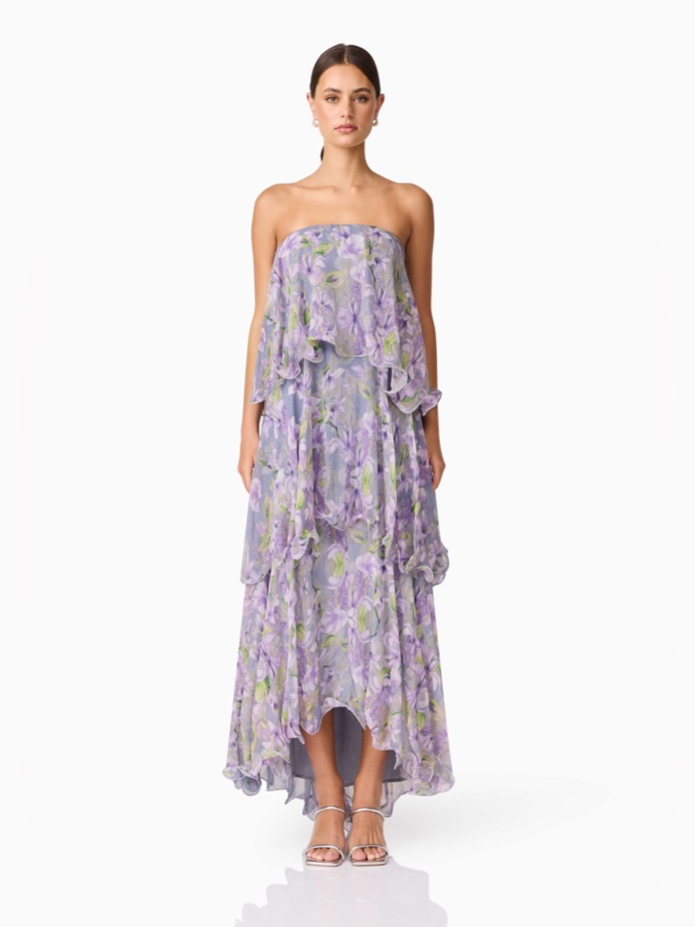 ELLIATT - Milena Strapless Tiered Maxi Dress in Purple Floral